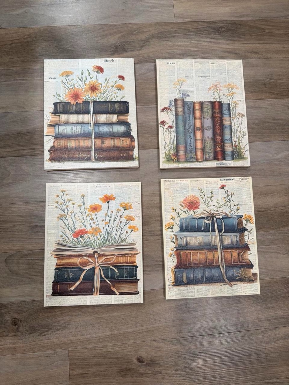 Vintage Stacked Books Floral Wall Art - Set of 4